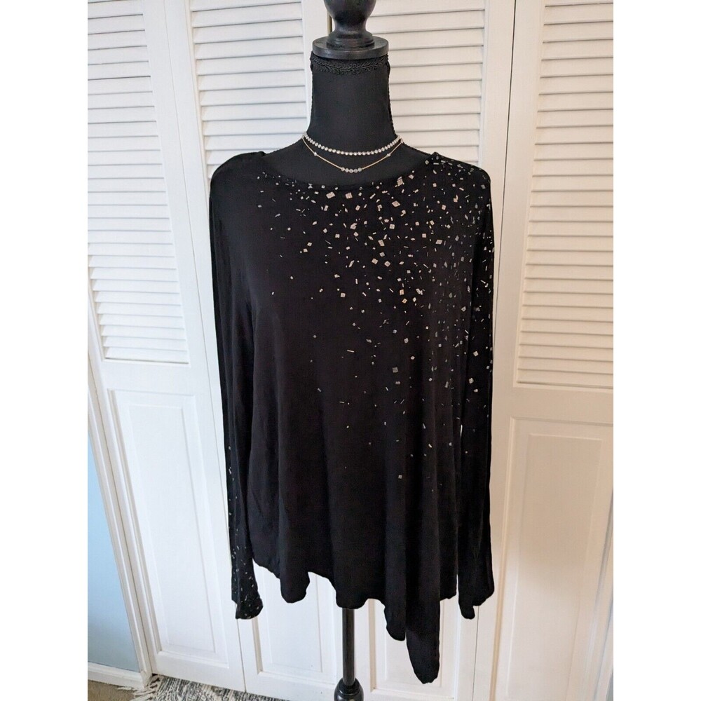 Karen Kane Top Women's XL Black Silver Print Asymmetric Hem Tunic Comfy Stretch
